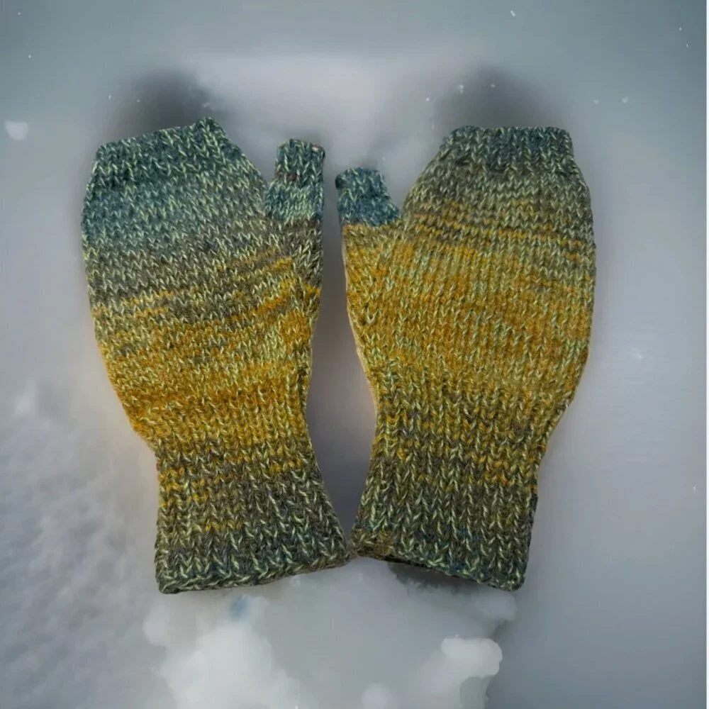 Handmade Women's Wool Blend Green Colorful Knit Fingerless Soft Mittens Gloves